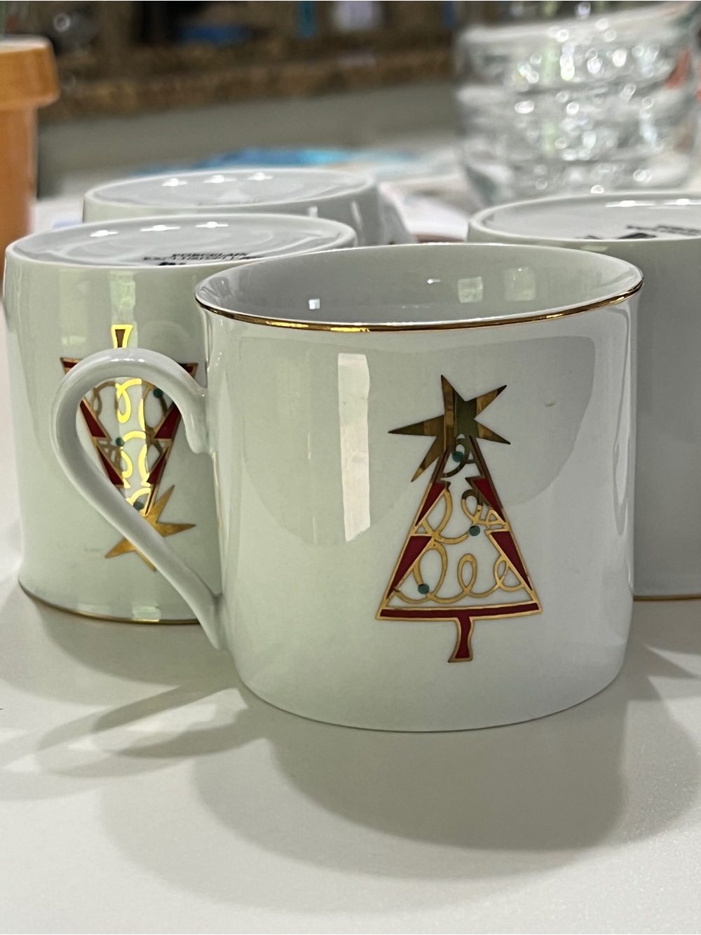 Pier 1 Christmas Tree Gold & Red Porcelain Mugs - Set of 4